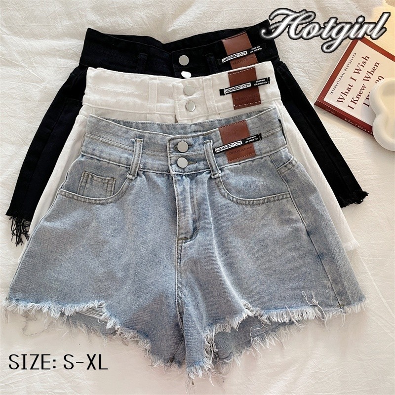 Hotgirl พร้อมส่ง แฟชั่นกางเกงยีนส์ขาสั้นเอวสูง S-XL  ปลายรุ่ยขาดขาเล็กน้อย สไตล์เกาหลีสั้น ผ้าสวมใส่สบาย