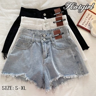 Hotgirl พร้อมส่ง แฟชั่นกางเกงยีนส์ขาสั้นเอวสูง S-XL ปลายรุ่ยขาดขาเล็กน้อย สไตล์เกาหลีสั้น ผ้าสวมใส่สบาย