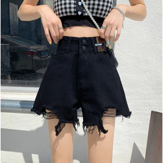 Hotgirl พร้อมส่ง แฟชั่นกางเกงยีนส์ขาสั้นเอวสูง S-XL ปลายรุ่ยขาดขาเล็กน้อย สไตล์เกาหลีสั้น ผ้าสวมใส่สบาย