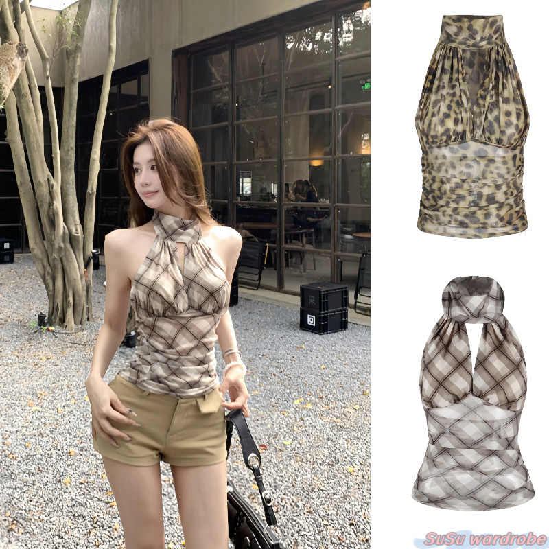 SuSu🎀พร้อมส่ง🎀เสื้อไม่มีแขน เสื้อสายเดี่ยวคอห้อยลายตาหมากรุก หลังเปิด เซ็กซี่ FY9384