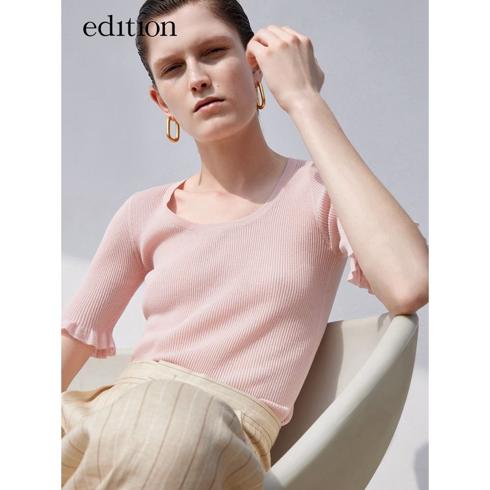 เสื้อถักผ้าฝ้ายสำหรับผู้หญิงสไตล์เรโทร U-คอ สไตล์slim fit เหมาะสำหรับฤดูร้อน EBA2SWT0