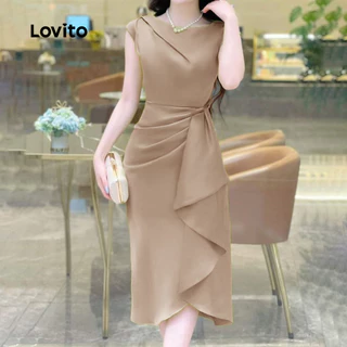 (สง่างาม) Lovito ชุดเดรสหรูหรารายละเอียดพลีตทรงเอแนวนอน สวมใส่สบาย ต้อนรับฤดูใบไม้ผลิ/ฤดูร้อน สีคากี้ L155ED1811