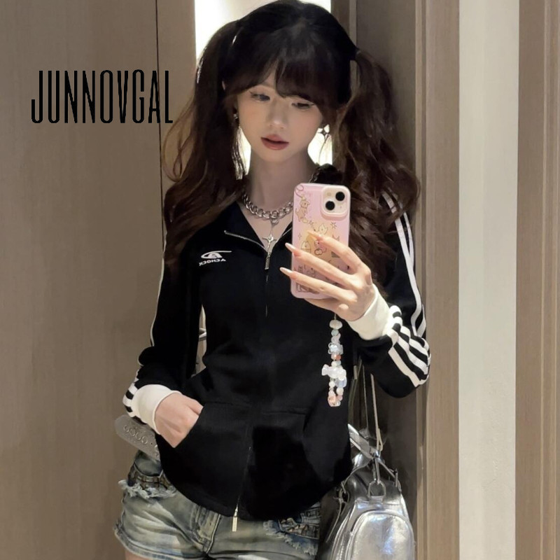 JUNNOVGAL ยีนส์แขนยาวสำหรับผู้หญิง สไตล์ Y2K พร้อมพิมพ์ V คอ และซิป