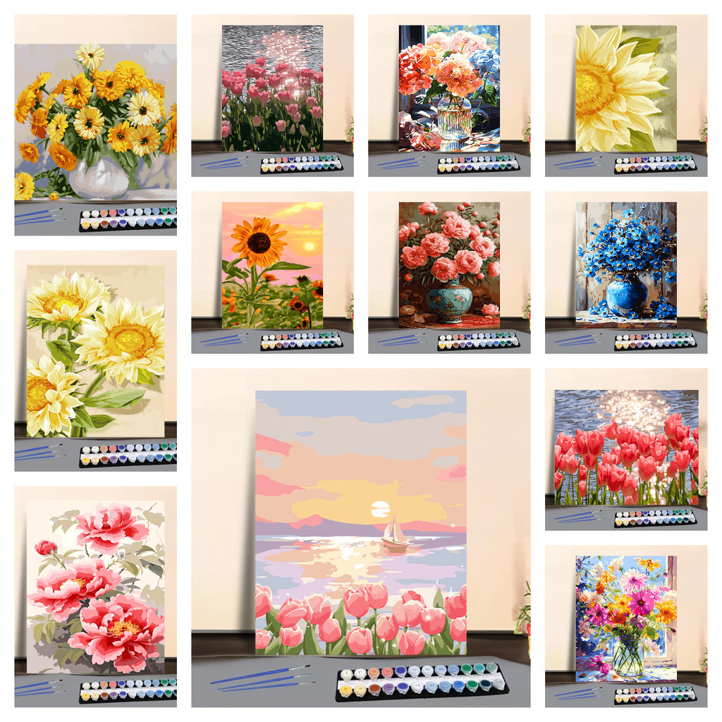 กระดาษระบายสีตามตัวเลข ภาพวาดดอกไม้ สีน้ำมันและอะคริลิค ของขวัญสร้างสรรค์