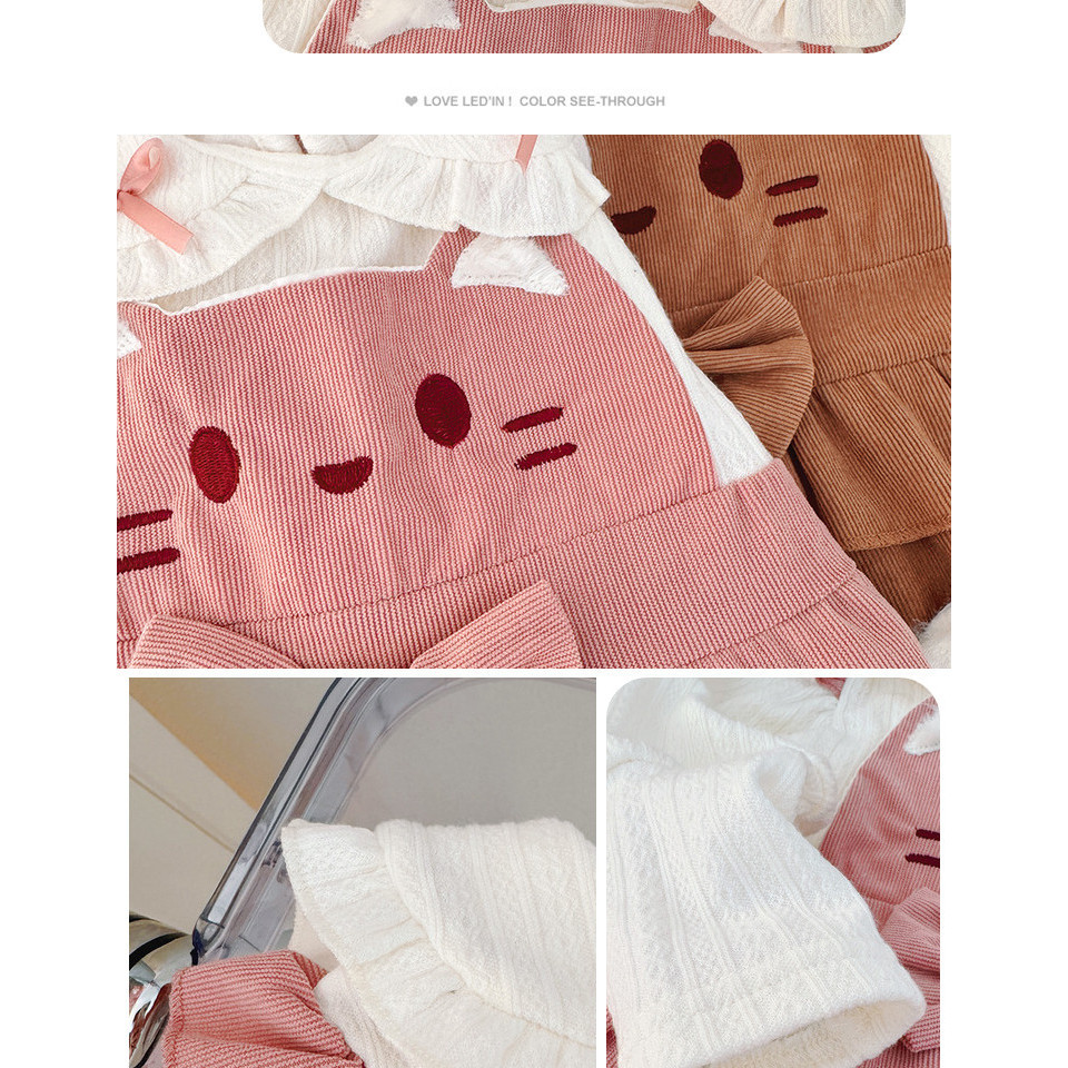 ชุดเด็กแบบเกาหลียอดนิยมสำหรับฤดูใบไม้ร่วง ดีไซน์น่ารักเหมือนหมี มีเสี้ยนปลอมที่รอบคอ และมาพร้อมกระโปรง - รูปที่ 4