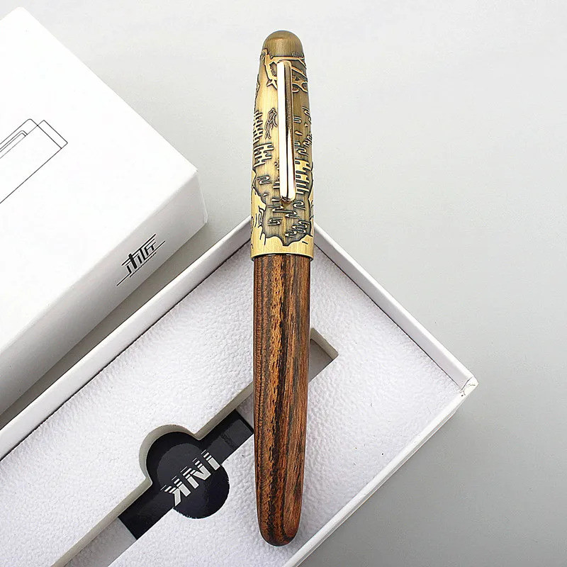 Jinhao 9056 ไม้ Fountain ปากกา F/m Nib Tiger แกะสลักหมวกแปลงหมึกเขียนของขวัญปากกาสํานักงานโรงเรียนอุ