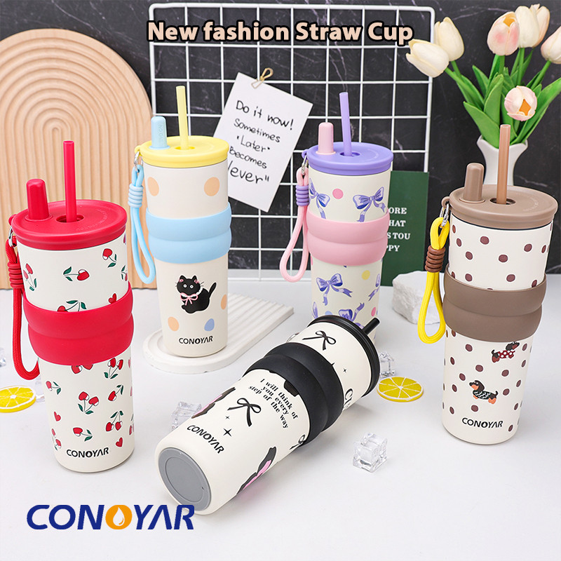 CONOYAR แก้วน้ำสแตนเลส 710 มล. ปิดกระติกน้ําเก็บอุณหภูมิ สแตนเลสสตีลพร้อมฝาปิด กระติกสุญญากาศ มีหลอดดูด T01309