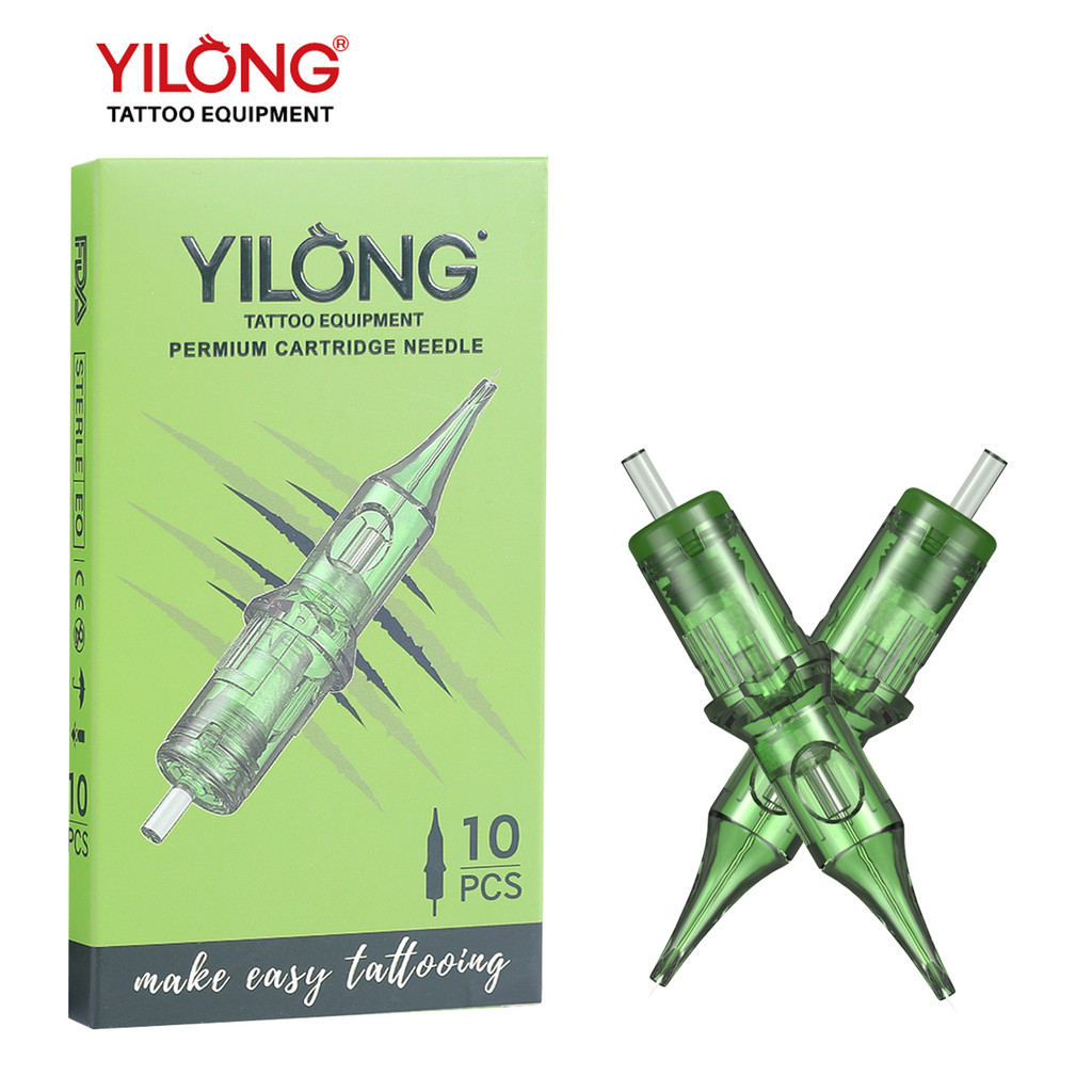 YILONG เข็มสีเขียว 10 ชิ้น เข็มตลับหมึกสีเขียว RL RM RS M1 สีด่วน อิ่มตัวสูง เข้ากันได้กับเครื่องสัก