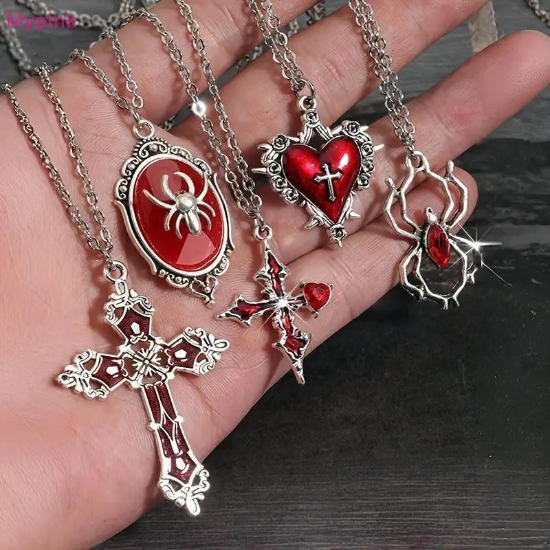 Mypink 5 ชิ้นสร้อยคอโกธิคชุดสําหรับผู้หญิงเครื่องประดับฮาโลวีนหัวใจค้างคาวแมงมุมข้ามจี้เสื้อกันหนาวโ