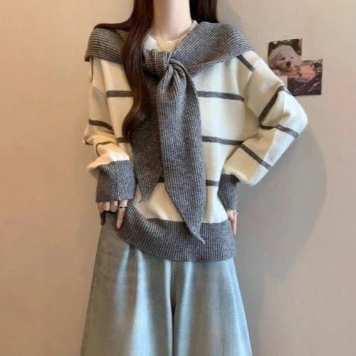 Apitta Sweater | รุ่น Richy Cool  สเวตเตอร์ลายทางทูโทน นุ่มละมุนผิว มาพร้อมกับผ้าพันคอ สไตล์เกาหลี รหัส N39