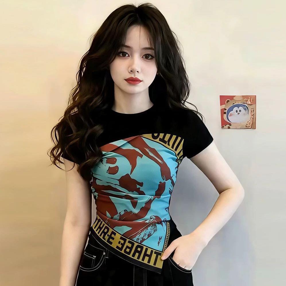 [สินค้าใหม่] กราฟฟิตีสไตล์ผ้ากอซเย็บพิมพ์ปลอมสองชิ้นแขนสั้นเสื้อยืดผู้หญิงแคบ-