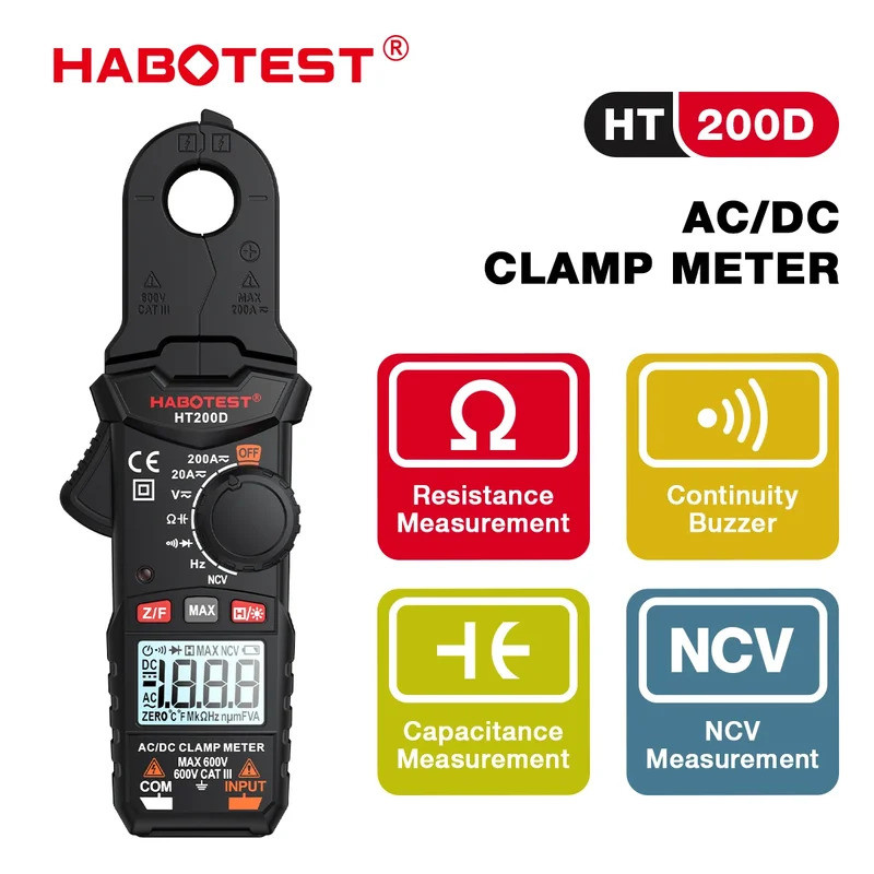 HABOTEST HT200D Digital Clamp Meter 2000 นับ True RMS NCV 600V แรงดันไฟฟ้า 200A DC/AC Current Multim