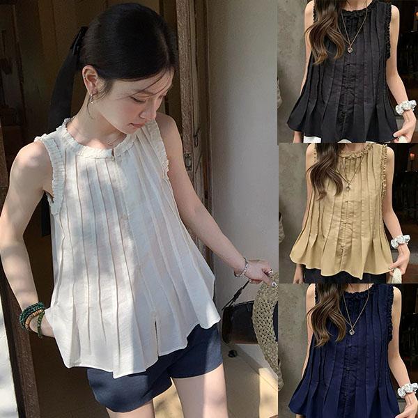 mimi-[สินค้าพร้อมส่ง]เสื้อกั๊กแขนกุดสีดำน่ารัก มีระบาย สไตล์ใหม่สำหรับฤดูร้อน ผ้าฝ้ายผสมไหมระบายอากาศได้ดี -W723