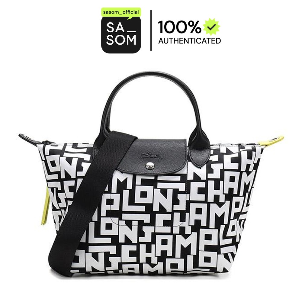 Longchamp Fabric Dumpling Bag One Shoulder Handbag Small Size Women's Black White | ของแท้ ตรวจสอบโดย SASOM