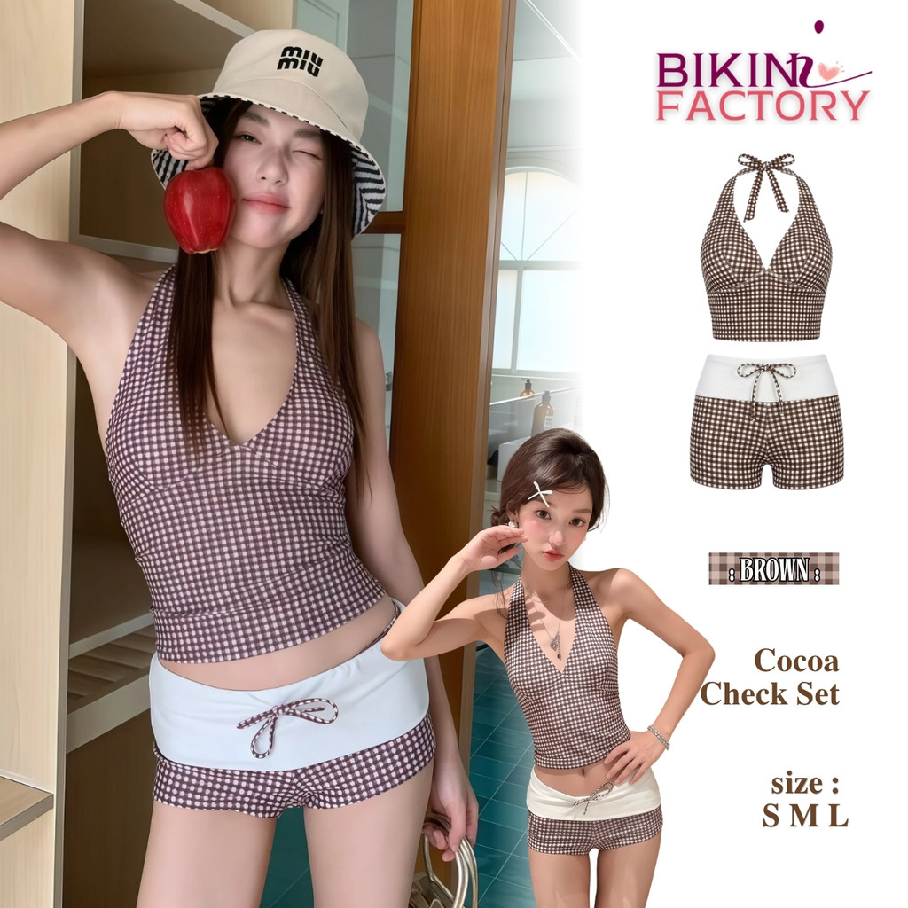 BIKINI FACTORY บิกินี่ทูพีช ลายสก๊อต คอวีลึก ชุดว่ายน้ำเที่ยวทะเล ⛵ มีไซส์ S-L|น้ำหนัก 38-58 กก. ดีไซน์สวยแพง Y043 Y589