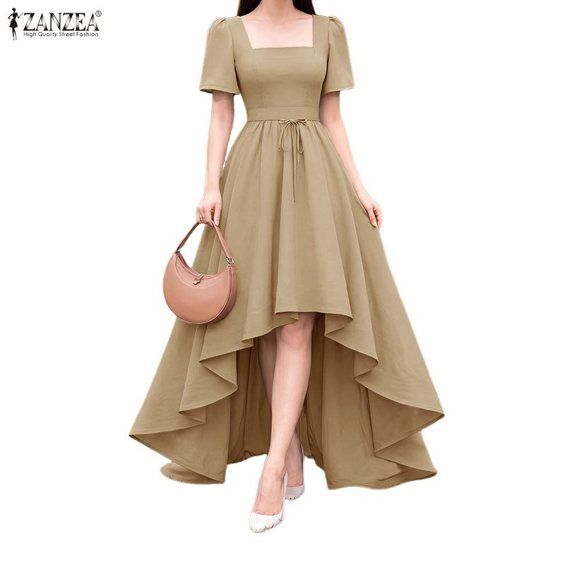 ZANZEA ผู้หญิง Vintage Elegant Square Collar Puff Sleeve ไม่สม่ําเสมอ Ruffles Hem Maxi A-Line เดรสสายเดี่ยว — صورة 6