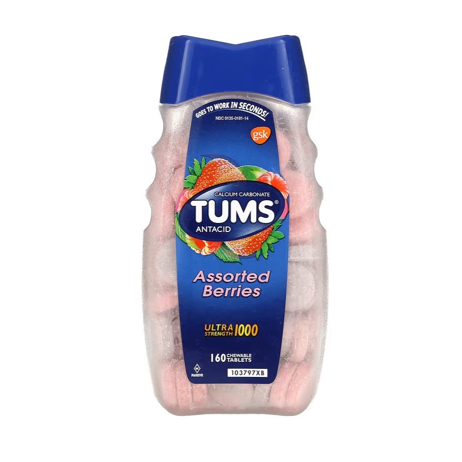 [ สำหรับกรดไหลย้อน ] Tums, Ultra Strength Antacid, Assorted Berries (1,000 mg) x 160 Chewable Tablets