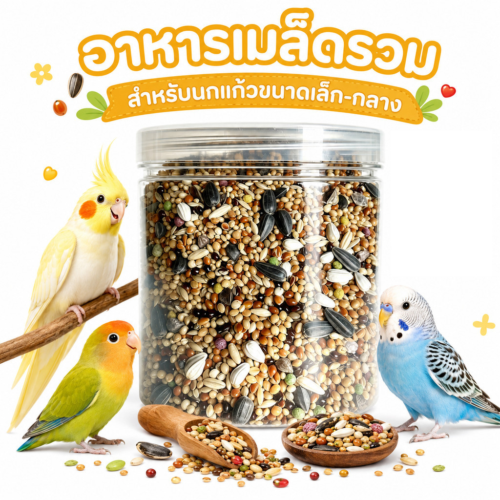 อาหารนกสูตรรวม เมล็ดธัญพืชสำหรับนกคีรีบูน นกแก้ว และนกเล็กหลายสายพันธุ์