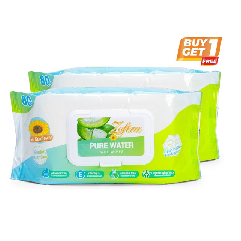 ZOFTRA ทิชชูเปียก กลิ่นซันฟลาวเวอร์สูตรออร์แกนิกอโลเวร่า 80 ผ. (1แถม1 On Pack)