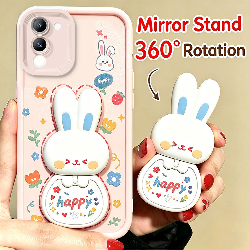 เคสสําหรับ VIVO V27 5G V27E Y100 5G เคสโทรศัพท์ Softcase ซิลิโคนกันกระแทกฝาครอบการออกแบบใหม่ความงามกระจกพร้อมที่วาง 360° กระต่ายน่ารักหมุนได้สําหรับเด็กผู้หญิง JTXCEZJ1