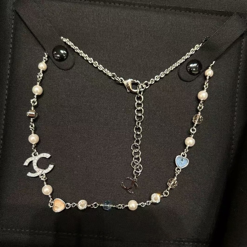 25p Xiaoxiangjia All-Match Full Diamond Double c Letter สีสัน Love ยาวสร้อยคอไข่มุกผู้หญิงเสื้อกันหน