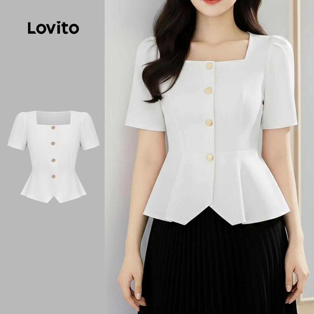 Lovito เสื้อเชิ้ตผู้หญิง ลายสบาย สีฟ้าขาว กระดุมหน้า ผ่าหน้า เหมาะสําหรับฤดูใบไม้ผลิ/ฤดูร้อน LK5ED1016