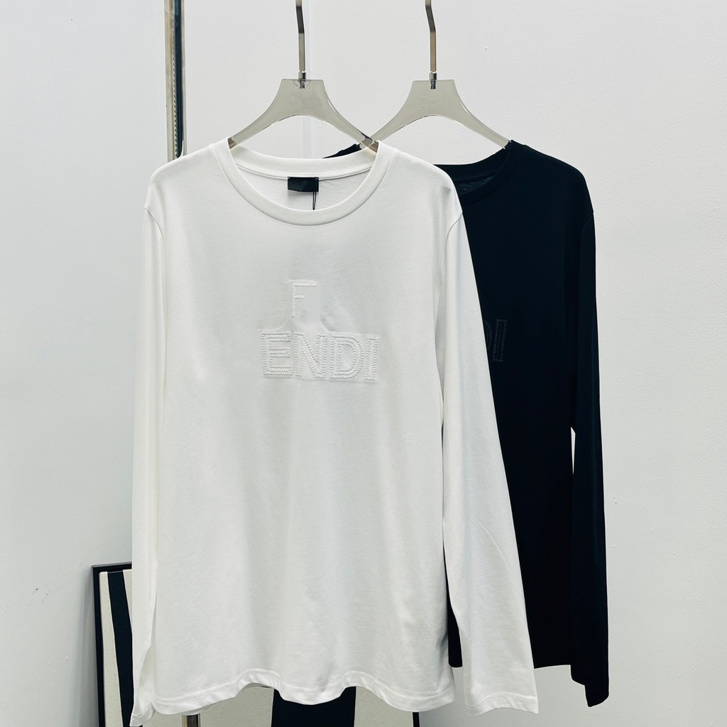 KWH0 F.D #Embroidered โลโก้ตัวอักษรรอบคอสบายๆหลวมแขนยาวเสื้อยืด จุดต่ําสุด เสื้อด้านบนผ้าฝ้าย
