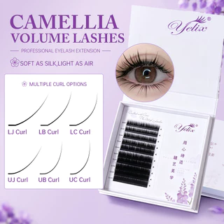 Yelix Premium Camellia Lash Extensions LJ/LB/LC/UJ/UB/UC Curl Wispy Volume Manga Eyelashes Matte สีดําขนตาส่วนบุคคล