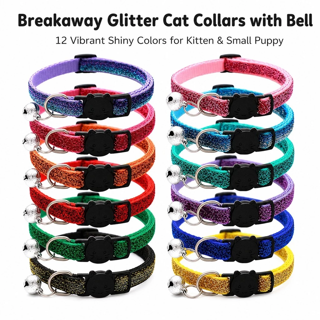 Sparkly Glitter ปลอกคอแมวความปลอดภัย Breakaway หัวเข็มขัด Bell โลหะ D แหวนปรับสัตว์เลี้ยง 12 สีสําหรับลูกแมวสุนัขขนาดเล็ก Chihua