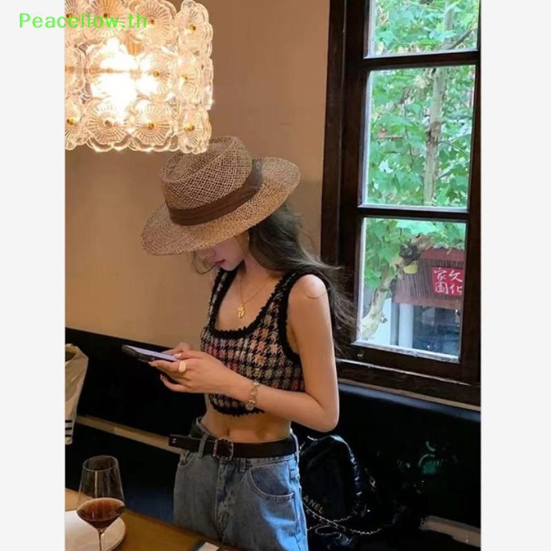Peacellow ทอมือ Breathable ฟาง Boater หมวกธรรมชาติ Hollow สาน Bla ริบบิ้นสําหรับสาววัยรุ่นฤดูร้อน Outings TH