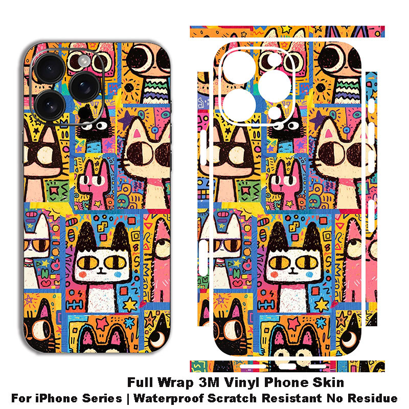 For iPhone 12/13/14/15/16/17 ฟิล์มสติกเกอร์ไวนิล 3M ปกป้องเต็มตัว ลายแมวการ์ตูนสีสันน่ารัก ป้องกันฟองอากาศ กันน้ำ สติกเกอร์ปกป้องหลังเครื่องพร้อมฝาปิดกล้อง