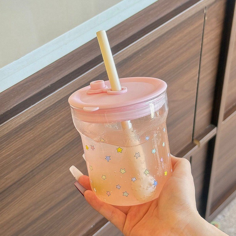 🍋500 มล.แก้วน้ําลายการ์ตูนกระพริบตาขนาดพร้อมฝาปิด & หลอด | ถ้วยชาแก้ว บอโรซิลิเกต สูงทนความร้อน | ถ้วยใส่น้ําผลไม้น้ําหนักเบา | ถ้วยกาแฟพร้อมช้อนกวน