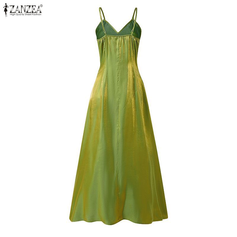 ZANZEA ผู้หญิงชุดราตรีเกาหลี V คอเพชร Embellish Bows ออกแบบแขนกุดผ้ามัน Maxi Slip Dresses — صورة 8