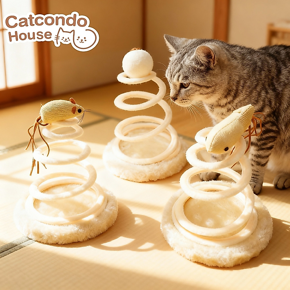 Cathouse สปริงวงกลมสีครีม หนู , ปลา ของเล่นแมวสปริงพร้อมตุ๊กตาหนู/ลูกบอล กระตุ้นการล่า เสริมสร้างกิจกรรม