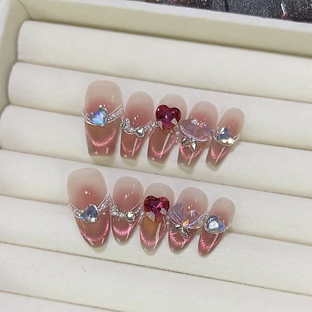 Pure Handmade Phototherapy สวมใส่เล็บ Rose Story Blush Rose สี Cats Eye Heart Full Diamond Ice โปร่งใสฤดูร้อนเล็บ