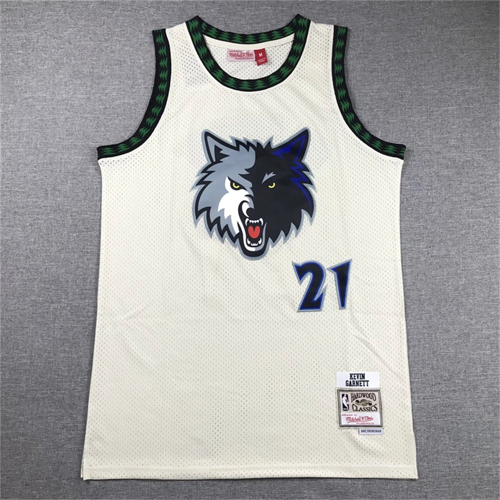 New Style ปัก Forest Wolves King No. 21 Garrett Jersey Retro Mesh Beige ผู้ชายผู้หญิงเสื้อกั๊กชุดบาส