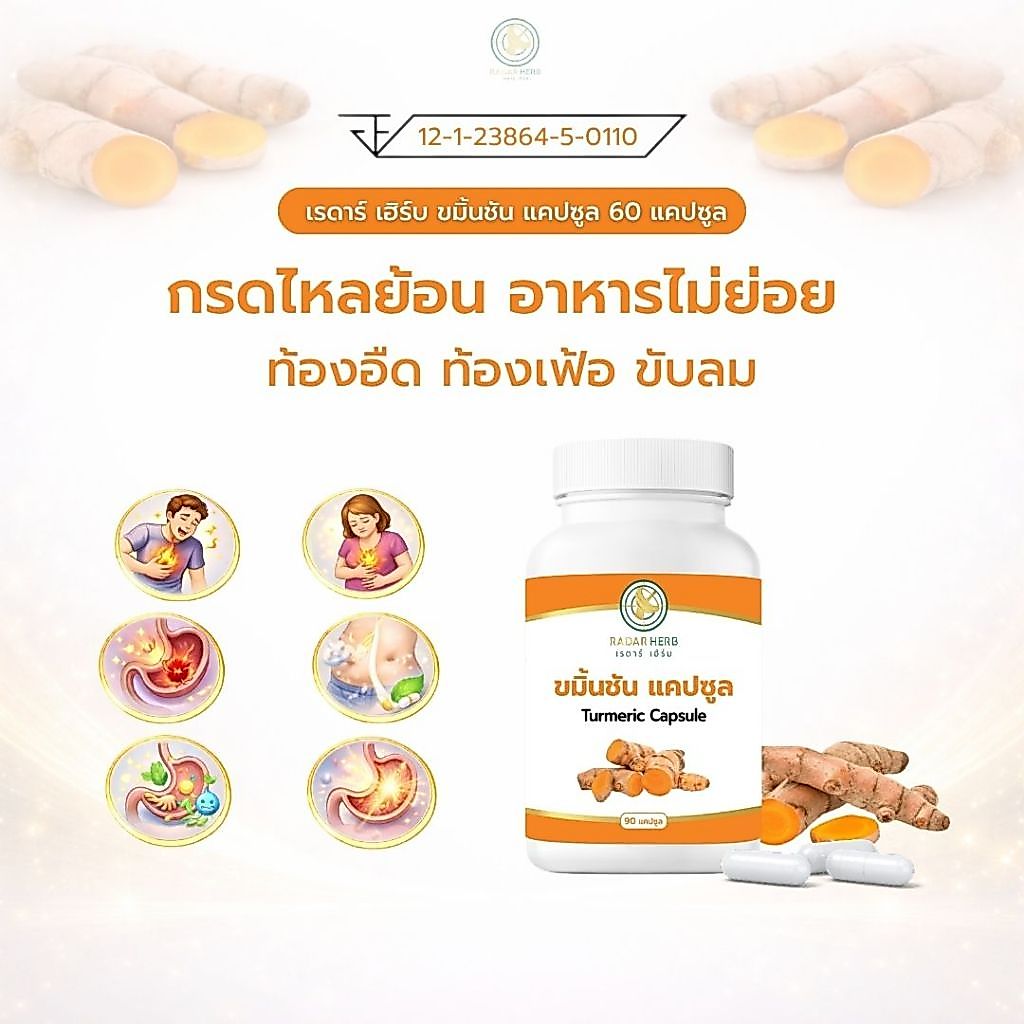 เรดาร์เฮิร์บ ขมิ้นชัน แคปซูล 90 แคปซูล Turmeric Capsule สมุนไพร ดูแลกระเพาะอาหาร ระบบย่อยอาหาร Radar Herb