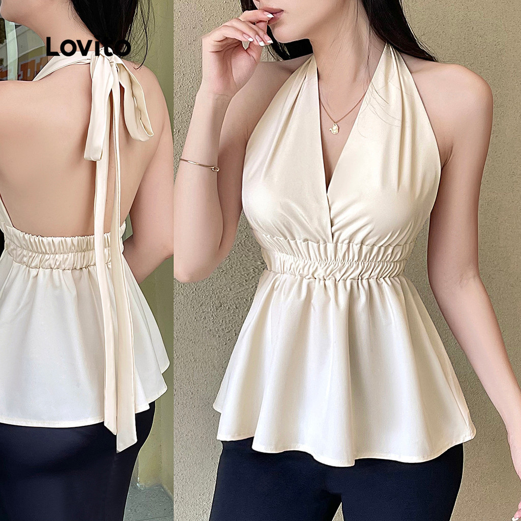 Lovito สง่างาม เสื้อเซ็กซี่ คอผูกด้านหลัง ทรงเข้ารูปแบบไม่มีหลัง สำหรับผู้หญิง L125AD285