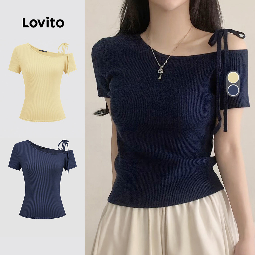 Lovito เสื้อยืดแคชชวลสำหรับผู้หญิง สไตล์คลาสสิก สวมใส่สบาย ผูกเชือก เหมาะสำหรับฤดูใบไม้ผลิ/ฤดูร้อน สีน้ำเงินเข้ม L171ED364