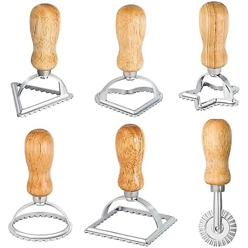 6PCS Ravioli Stamp Maker Cutter,Roller Wheel Included,Pasta Maker Mold with Wooden Handle and Fluted