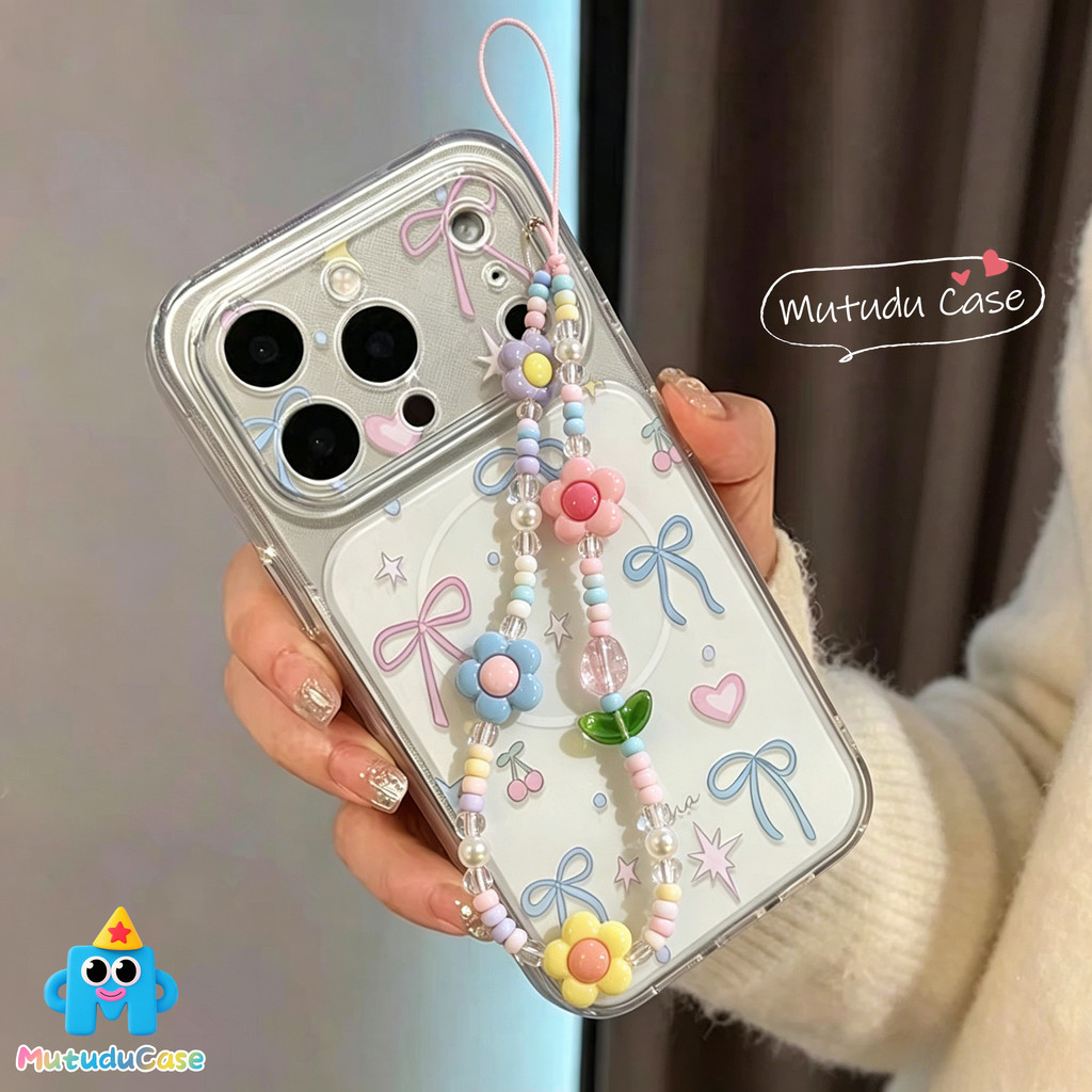 เหมาะสำหรับ IPhone 17 18 15 air 14 16 13 12 11 Pro Max 15 14 16 Plusเคสคอนนิ่ง ลายโบว์+จุด+สร้อยข้อมือ สไตล์ฮิตกันกระแทก