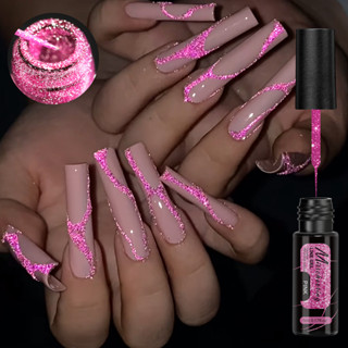 สะท้อนแสงแววซับเจลขัดเล็บแชมเปญสีชมพูประกายเส้นจิตรกรรมเจลกึ…