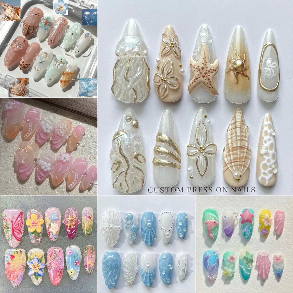 10 ชิ้นฤดูร้อนใหม่ Handmade 3D เล็บปลอม Ocean Shell สวมใส่เล็บ Y2k Art เล็บกาวเยลลี่