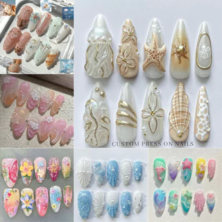 10 ชิ้นฤดูร้อนใหม่ Handmade 3D เล็บปลอม Ocean Shell สวมใส่เล็บ Y2k Art เล็บกาวเยลลี่