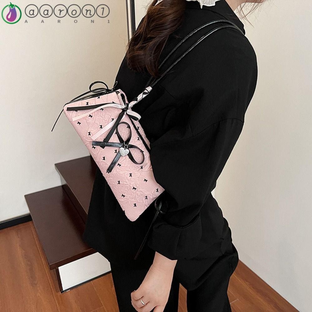 AARON1 Bow Ribbon Shoulder Bag, Y2K-style.Zipper Design, สไตล์หวานสำหรับการเดินทาง