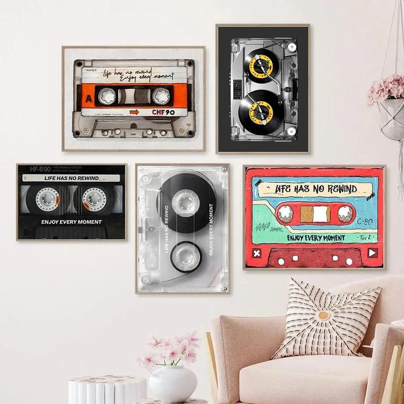 โปสเตอร์เทป Cassette DJ พร้อมลายพิมพ์บนผ้าใบ ของตกแต่งผนังสำหรับห้องนอนเด็กและบ้าน