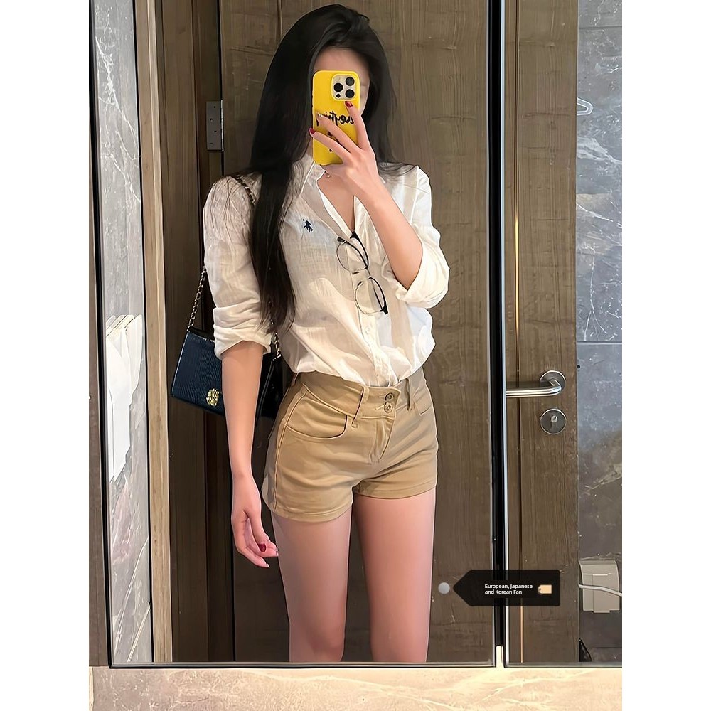 กางเกงใส saran ยีนส์ กางเกงขาสั้นผ้ายีนส์ขาสั้นทรงสูงสไตล์อเมริกันสีกาแฟไซส์ใหญ่สำหรับผู้หญิงแบบใหม่