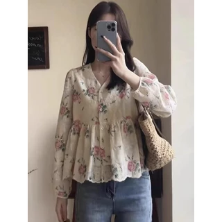 Red Berry เสื้อเชิ้ตแขนยาวลายดอกไม้สไตล์ฝรั่งเศสสำหรับผู้หญิง ทรงแขนพองรุ่นใหม่ฤดูใบไม้ผลิ 99188