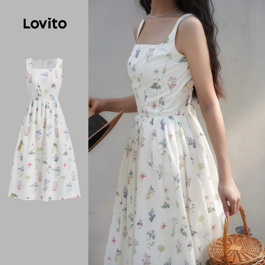 Lovito ชุดเดรสสบายๆ สไตล์พับได้ สำหรับฤดูใบไม้ผลิ/ฤดูร้อน สำหรับผู้หญิง L149LD466