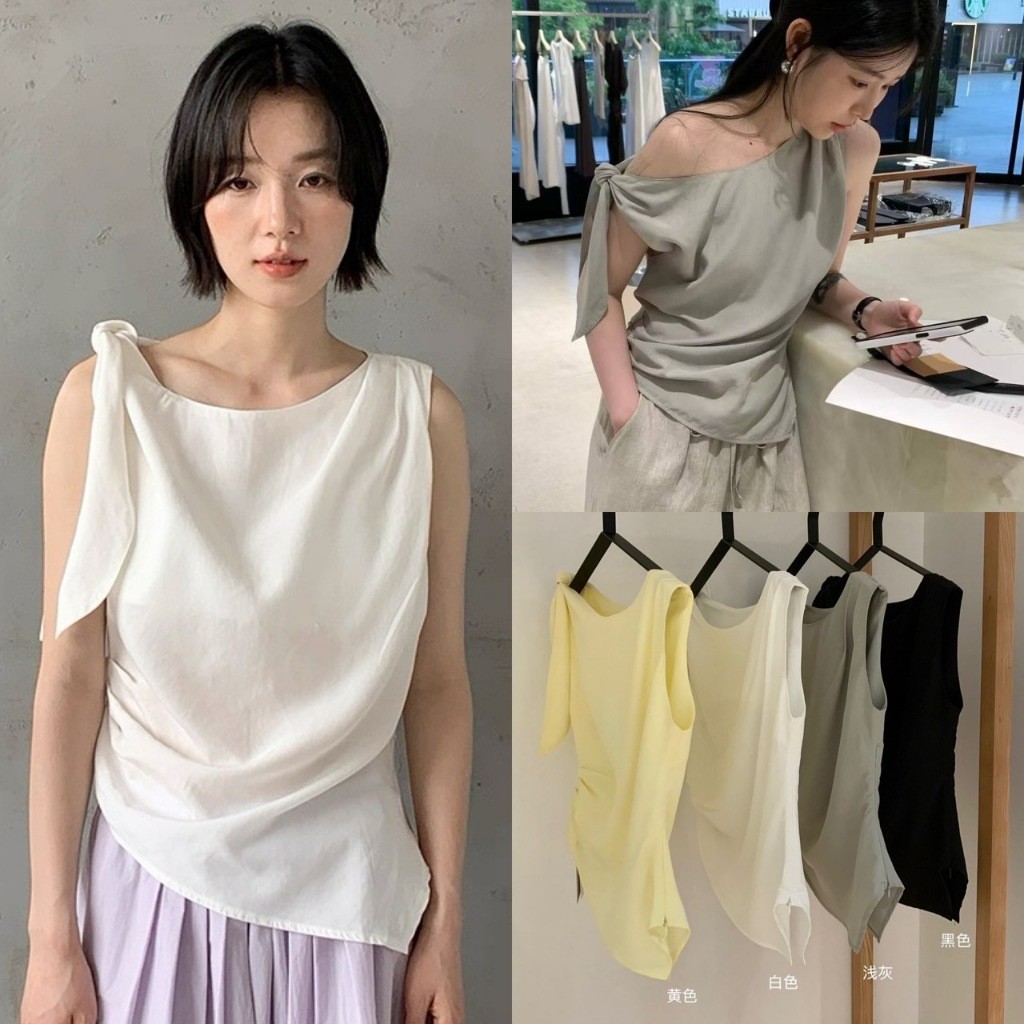 W6604 เสื้อคอกว้าง แต่งผ้ามัดช่วงไหล่ ชายเสื้อแต่งเฉียง มีซิปข้าง แฟชั่นเกาหลี TAG WG.WE
